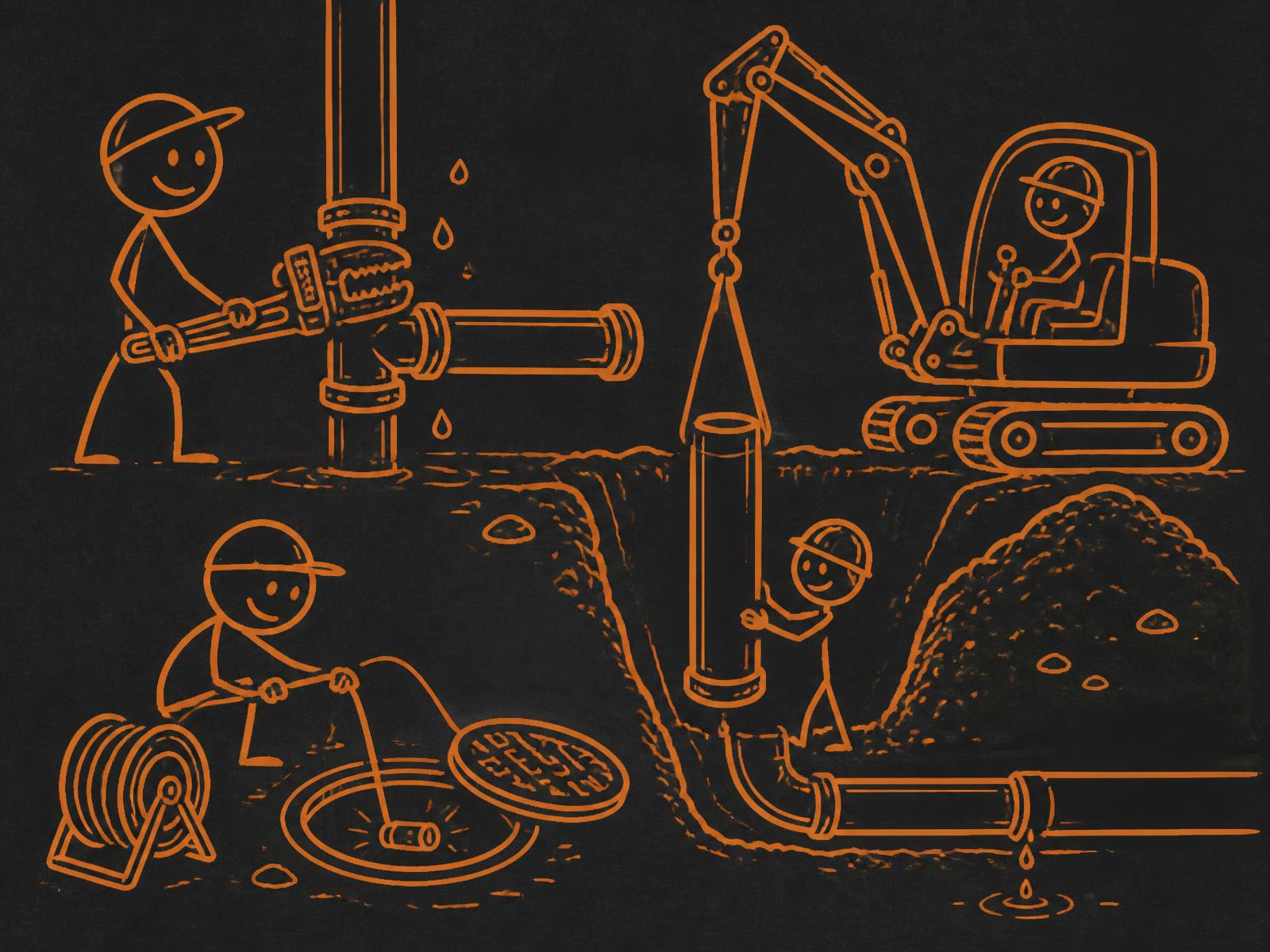 Illustration med streckgubbar som utför rörarbete: rörtång på stam, schakt med nya rör och avloppsfilmning
